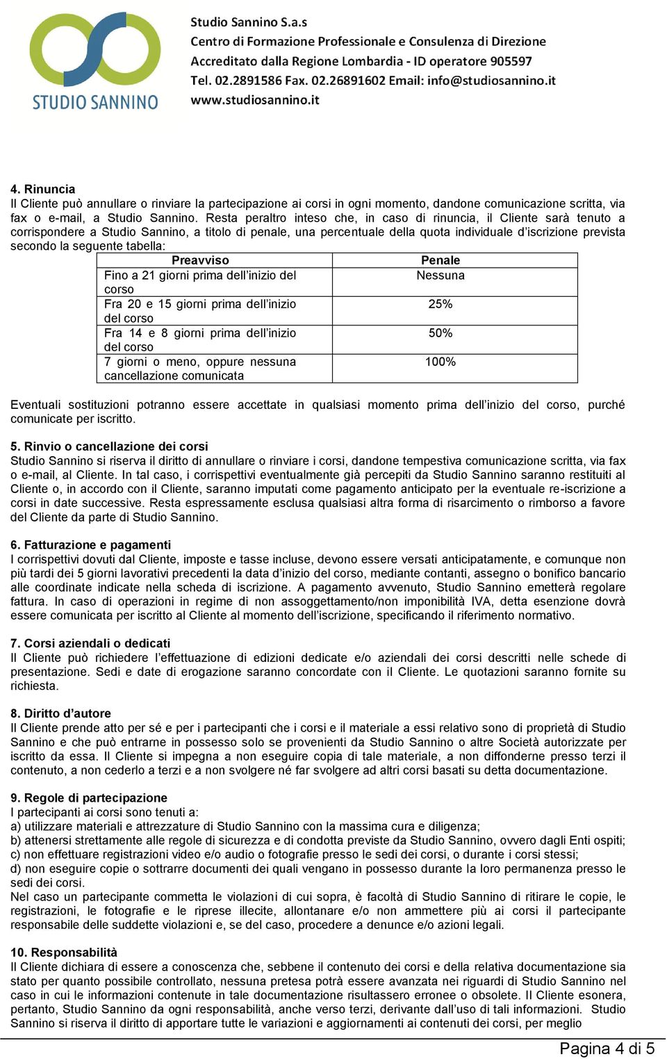 seguente tabella: Preavviso Penale Fino a 21 giorni prima dell inizio del Nessuna corso Fra 20 e 15 giorni prima dell inizio 25% del corso Fra 14 e 8 giorni prima dell inizio 50% del corso 7 giorni o