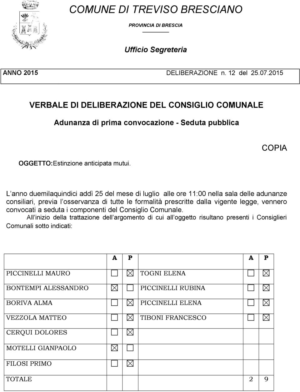 COPIA L anno duemilaquindici addì 25 del mese di luglio alle ore 11:00 nella sala delle adunanze consiliari, previa l osservanza di tutte le formalità prescritte dalla vigente legge, vennero