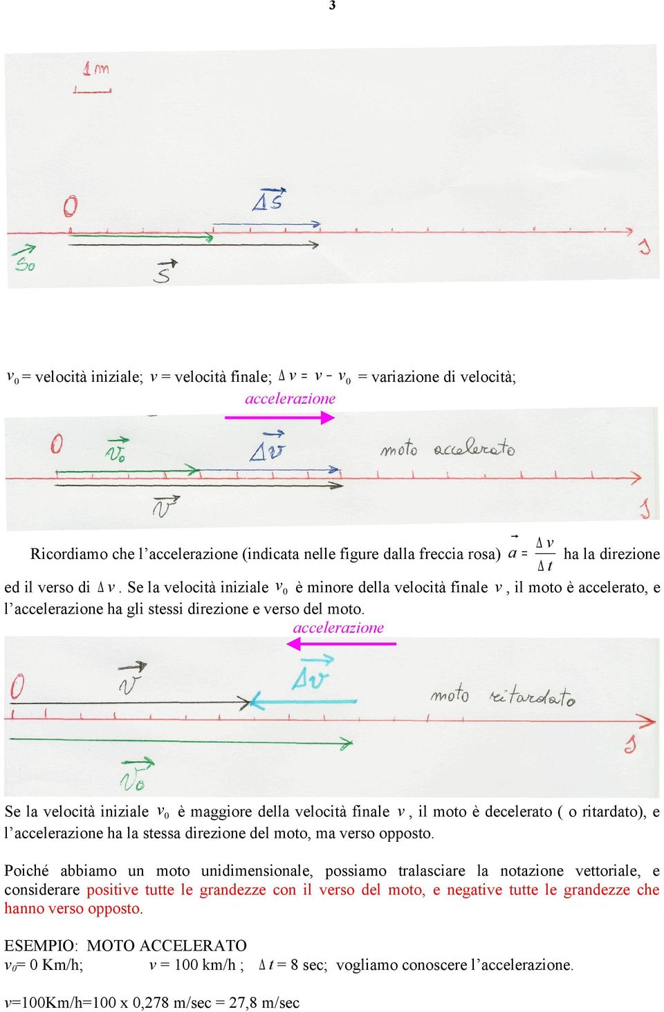 accelerazione Se la velocità iniziale v0 è aggiore della velocità finale v, il oto è decelerato ( o ritardato), e l accelerazione ha la stessa direzione del oto, a verso opposto.