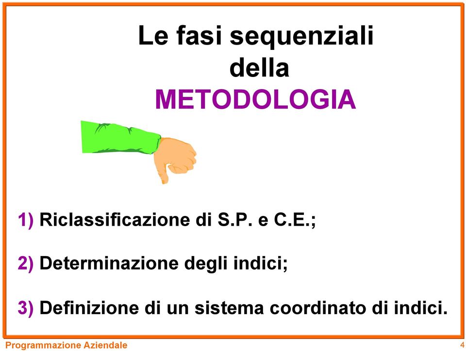 ; 2) Determinazione degli indici; 3)