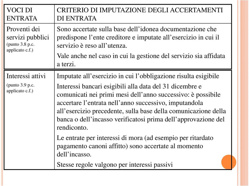 ) CRITERIO DI IMPUTAZIONE DEGLI ACCERTAMENTI DI ENTRATA Sono accertate sulla base dell idonea documentazione che predispone l ente creditore e imputate all esercizio in cui il servizio è reso all