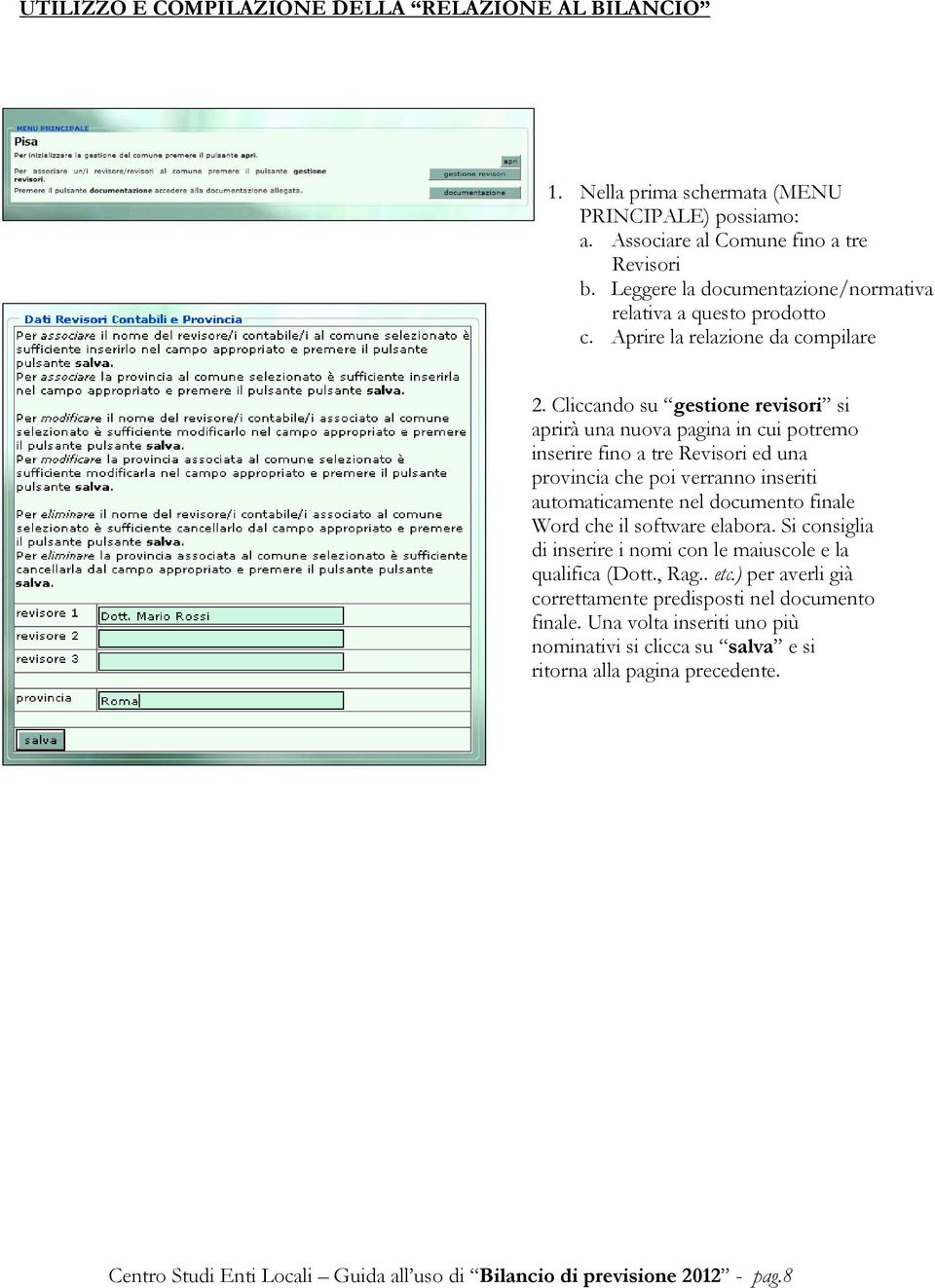 Cliccando su gestione revisori si aprirà una nuova pagina in cui potremo inserire fino a tre Revisori ed una provincia che poi verranno inseriti automaticamente nel documento finale Word che il