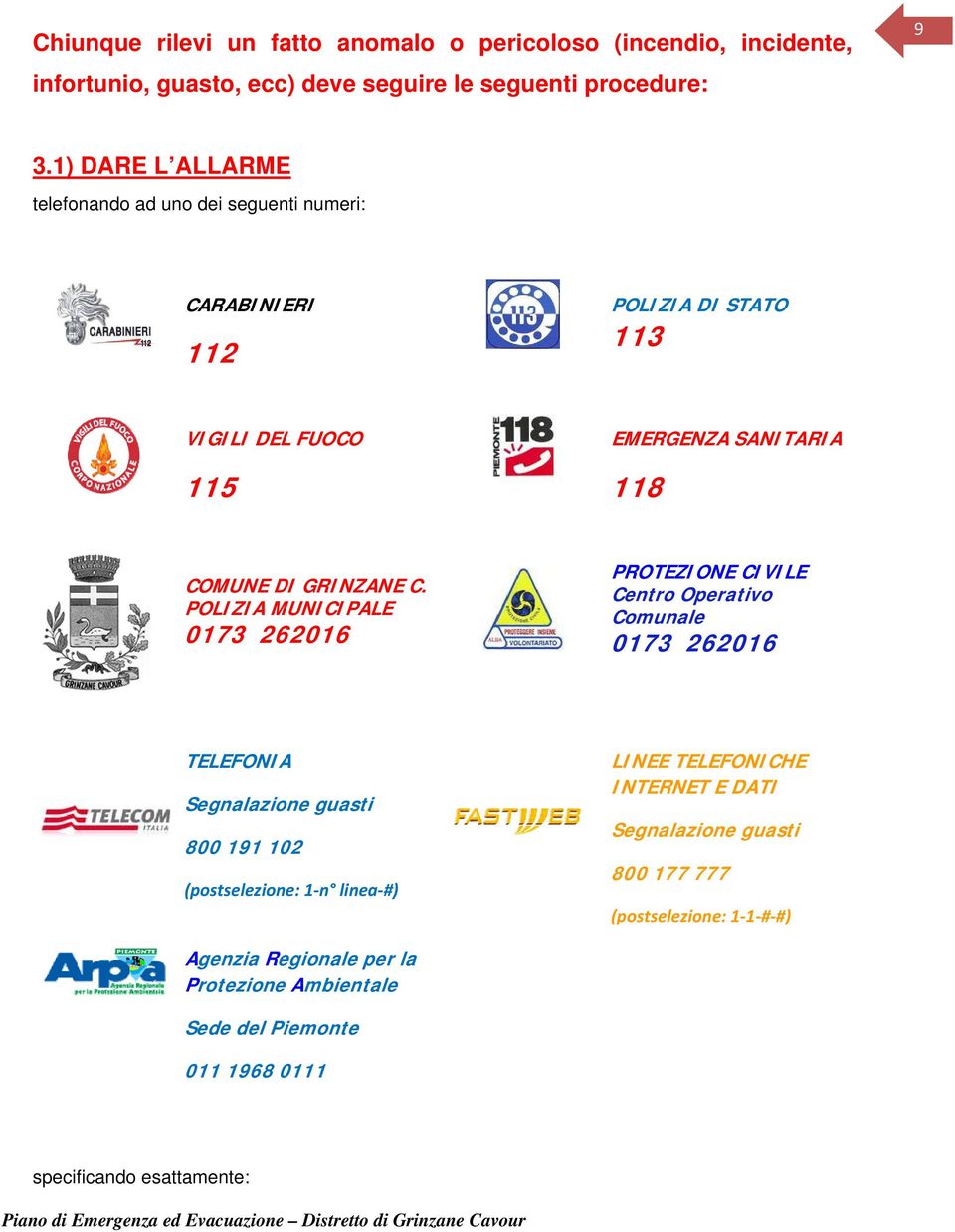 POLIZIA MUNICIPALE 0173 262016 PROTEZIONE CIVILE Centro Operativo Comunale 0173 262016 TELEFONIA Segnalazione guasti 800 191 102 (postselezione: 1 n linea #)