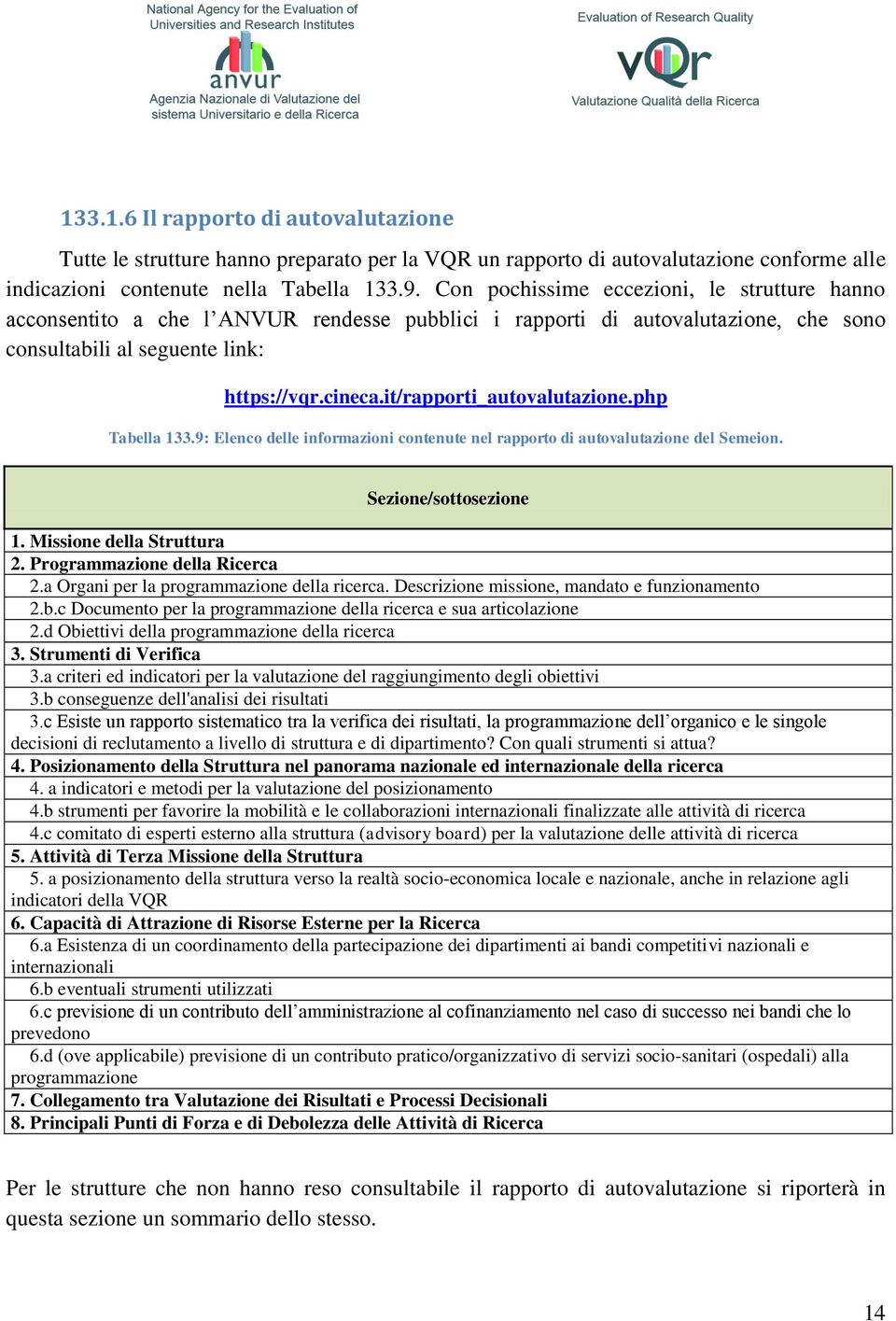 it/rapporti_autovalutazione.php Tabella 133.9: Elenco delle informazioni contenute nel rapporto di autovalutazione del Semeion. Sezione/sottosezione 1. Missione della Struttura 2.