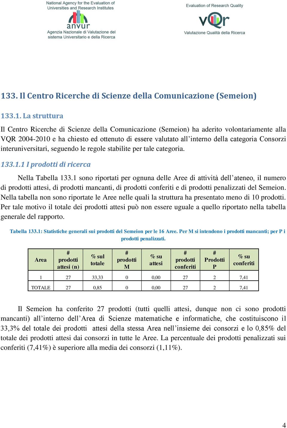 1 sono riportati per ognuna delle Aree di attività dell ateneo, il numero di prodotti attesi, di prodotti mancanti, di prodotti conferiti e di prodotti penalizzati del Semeion.