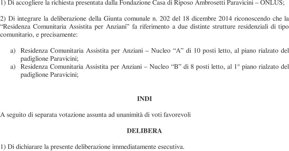 precisamente: a) Residenza Comunitaria Assistita per Anziani Nucleo A di 10 posti letto, al piano rialzato del a) Residenza Comunitaria Assistita per Anziani Nucleo B di 8