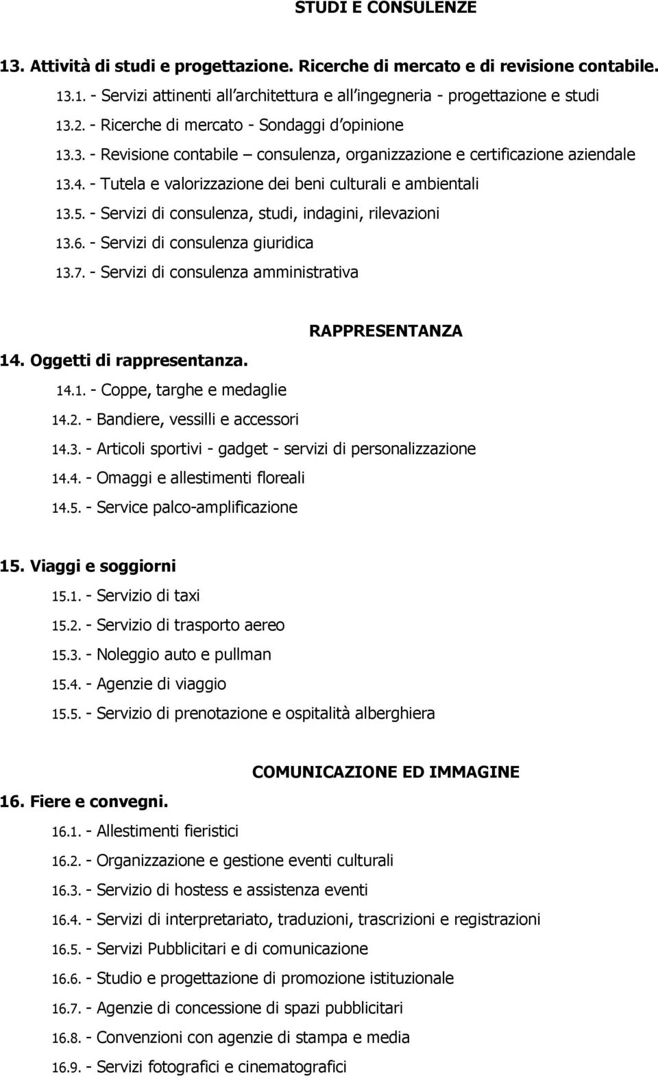 - Servizi di consulenza, studi, indagini, rilevazioni 13.6. - Servizi di consulenza giuridica 13.7. - Servizi di consulenza amministrativa RAPPRESENTANZA 14. Oggetti di rappresentanza. 14.1. - Coppe, targhe e medaglie 14.