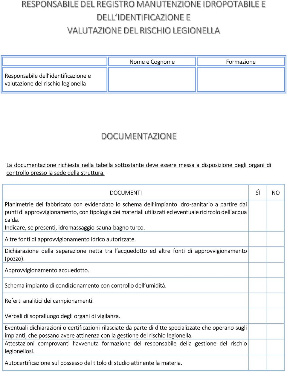 DOCUMENTI SÌ NO Planimetrie del fabbricato con evidenziato lo schema dell impianto idro-sanitario a partire dai punti di approvvigionamento, con tipologia dei materiali utilizzati ed eventuale