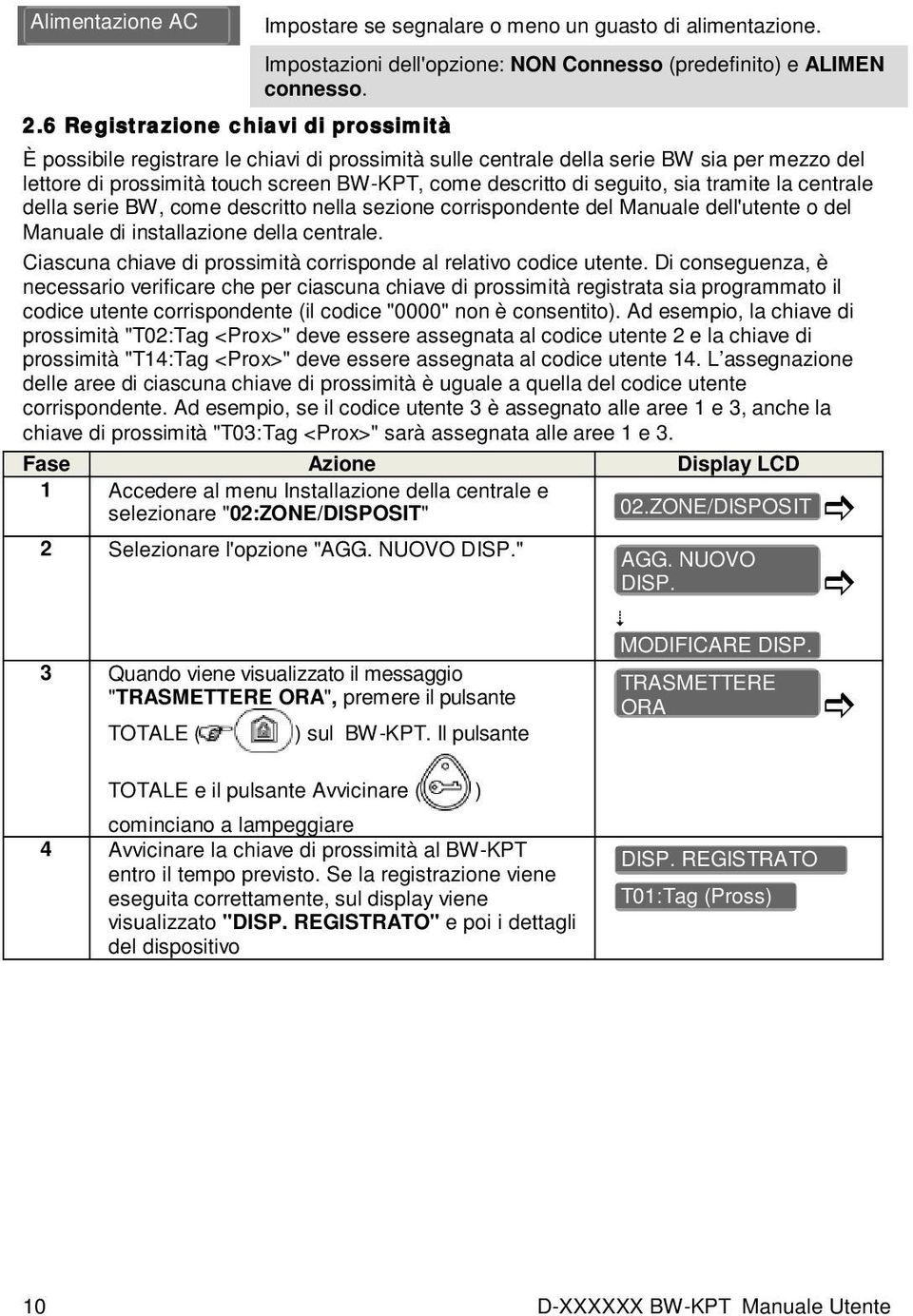 serie BW, come descritto nella sezione corrispondente del Manuale dell'utente o del Manuale di installazione della centrale. Ciascuna chiave di prossimità corrisponde al relativo codice utente.