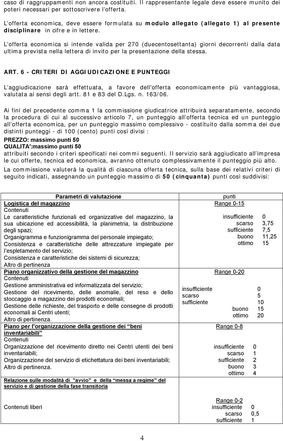 L offerta economica si intende valida per 270 (duecentosettanta) giorni decorrenti dalla data ultima prevista nella lettera di invito per la presentazione della stessa. ART.