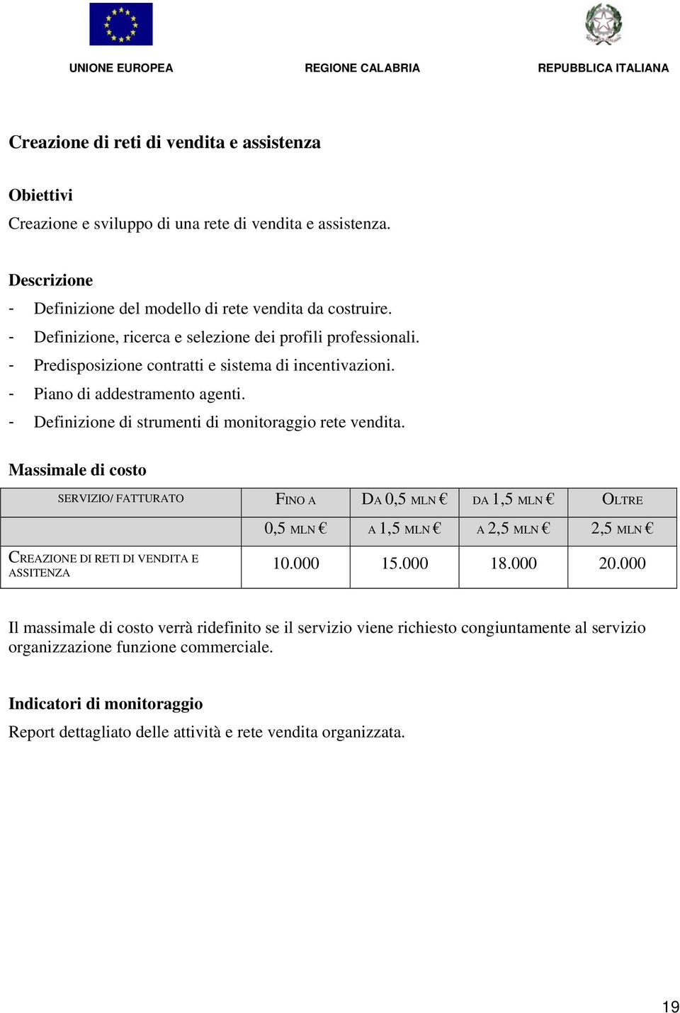 - Definizione di strumenti di monitoraggio rete vendita. SERVIZIO/ FATTURATO FINO A DA 0,5 MLN DA 1,5 MLN OLTRE CREAZIONE DI RETI DI VENDITA E ASSITENZA 10.000 15.000 18.