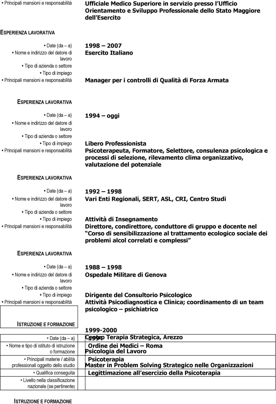 1998 Vari Enti Regionali, SERT, ASL, CRI, Centro Studi Attività di Insegnamento Direttore, condirettore, conduttore di gruppo e docente nel Corso di sensibilizzazione al trattamento ecologico sociale