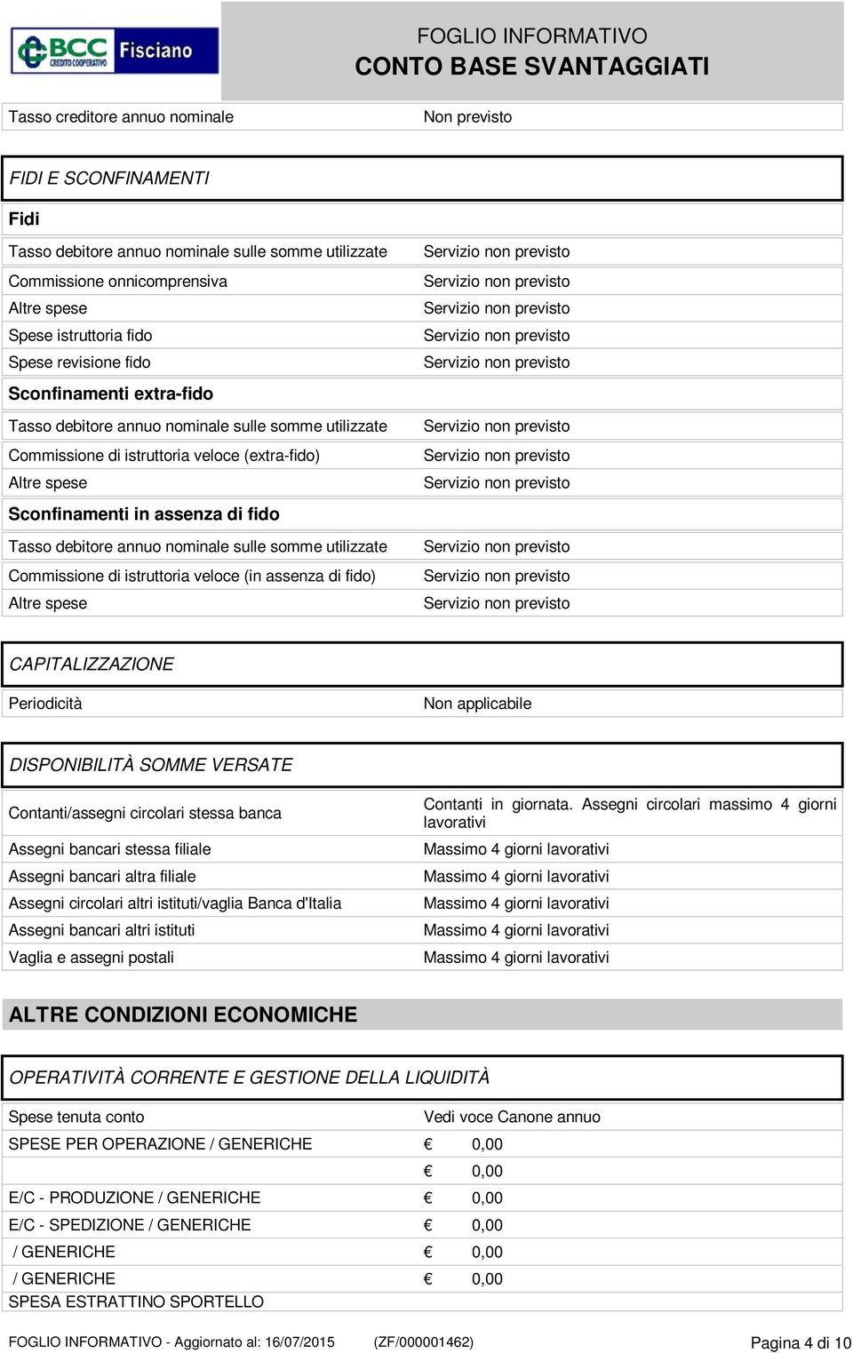 annuo nominale sulle somme utilizzate Commissione di istruttoria veloce (in assenza di fido) Altre spese CAPITALIZZAZIONE Periodicità Non applicabile DISPONIBILITÀ SOMME VERSATE Contanti/assegni