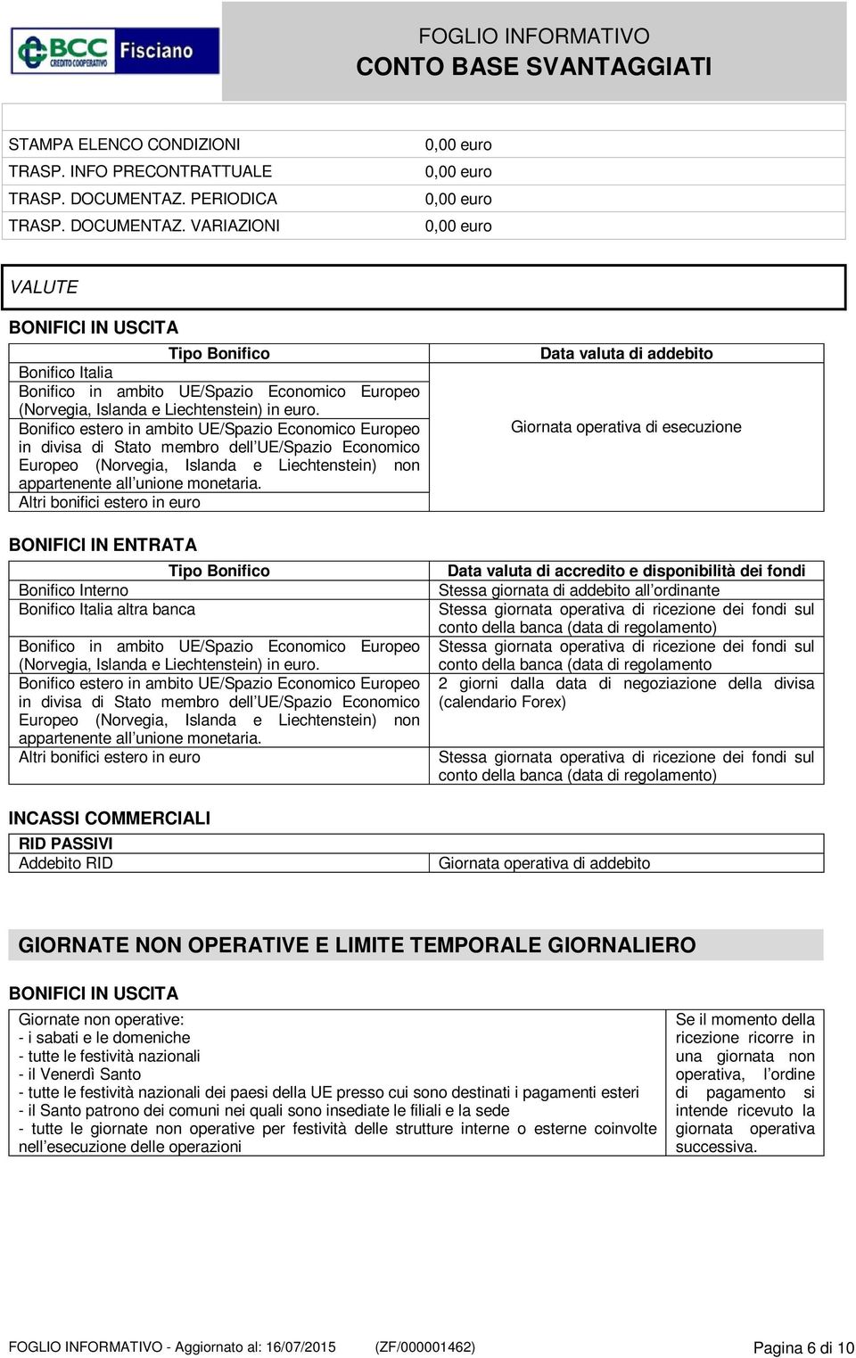 VARIAZIONI 0,00 euro 0,00 euro 0,00 euro 0,00 euro VALUTE BONIFICI IN USCITA Tipo Bonifico Bonifico Italia Bonifico in ambito UE/Spazio Economico Europeo (Norvegia, Islanda e Liechtenstein) in euro.