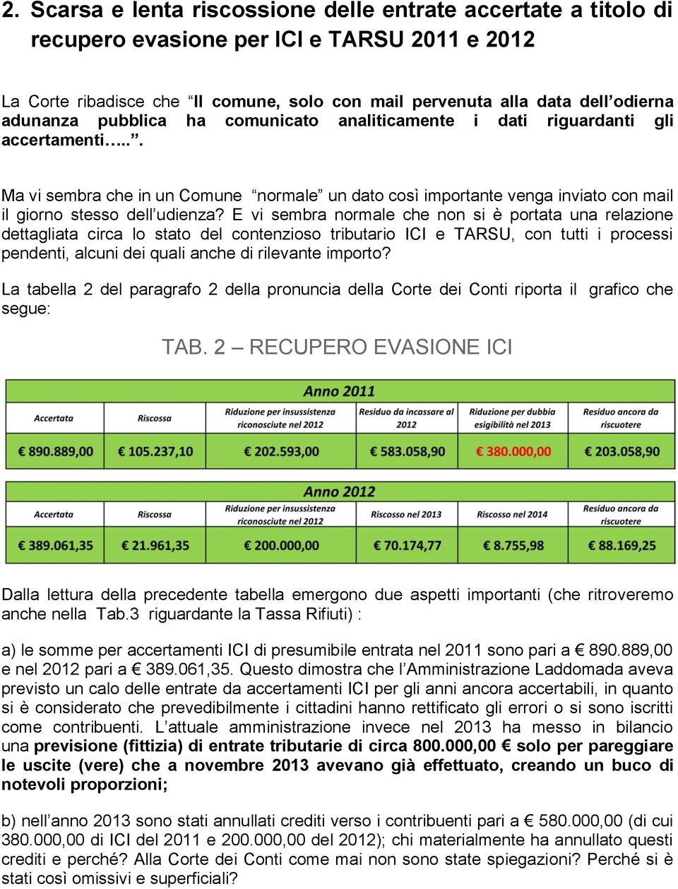 E vi sembra normale che non si è portata una relazione dettagliata circa lo stato del contenzioso tributario ICI e TARSU, con tutti i processi pendenti, alcuni dei quali anche di rilevante importo?