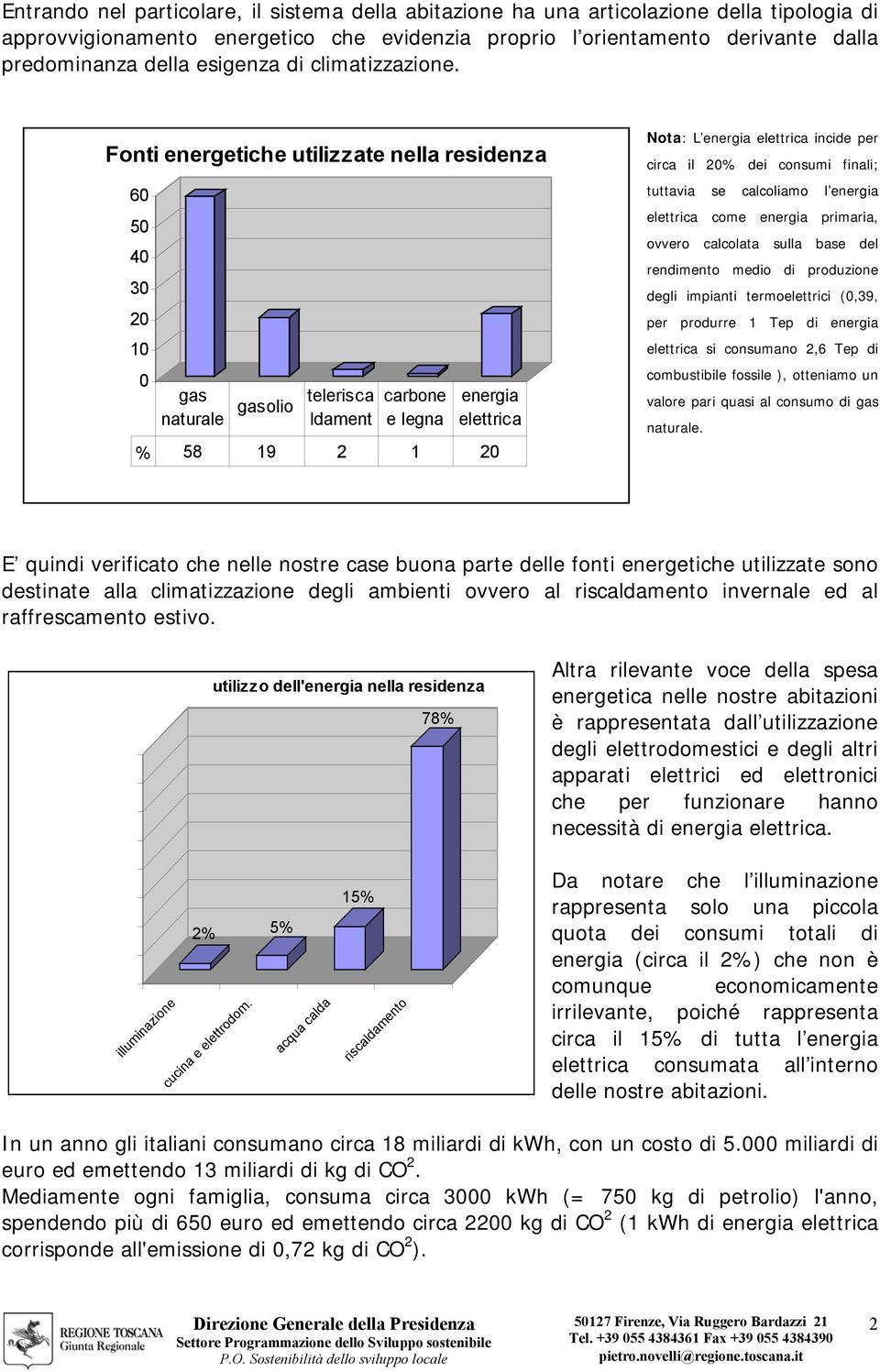 Fonti energetiche utilizzate nella residenza 60 50 40 30 20 10 0 gas naturale gasolio telerisca ldament carbone e legna energia elettrica % 58 19 2 1 20 Nota: L energia elettrica incide per circa il