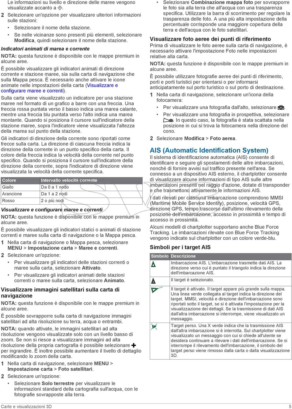 Indicatori animati di marea e corrente NOTA: questa funzione è disponibile con le mappe premium in alcune aree.