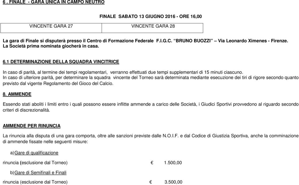 1 DETERMINAZIONE DELLA SQUADRA VINCITRICE In caso di parità, al termine dei tempi regolamentari, verranno effettuati due tempi supplementari di 15 minuti ciascuno.