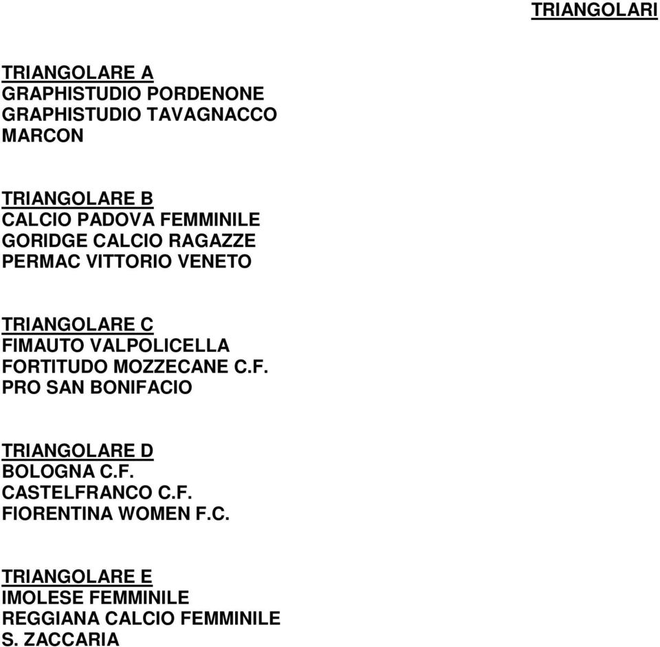 VALPOLICELLA FORTITUDO MOZZECANE C.F. PRO SAN BONIFACIO TRIANGOLARE D BOLOGNA C.F. CASTELFRANCO C.