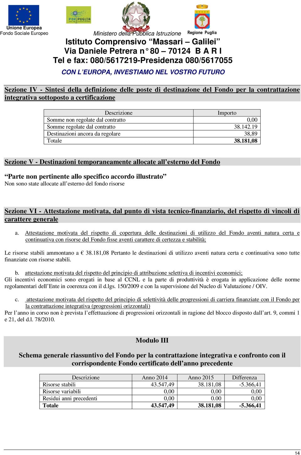 181,08 Sezione V - Destinazioni temporaneamente allocate all esterno del Fondo Parte non pertinente allo specifico accordo illustrato Non sono state allocate all esterno del fondo risorse Sezione VI