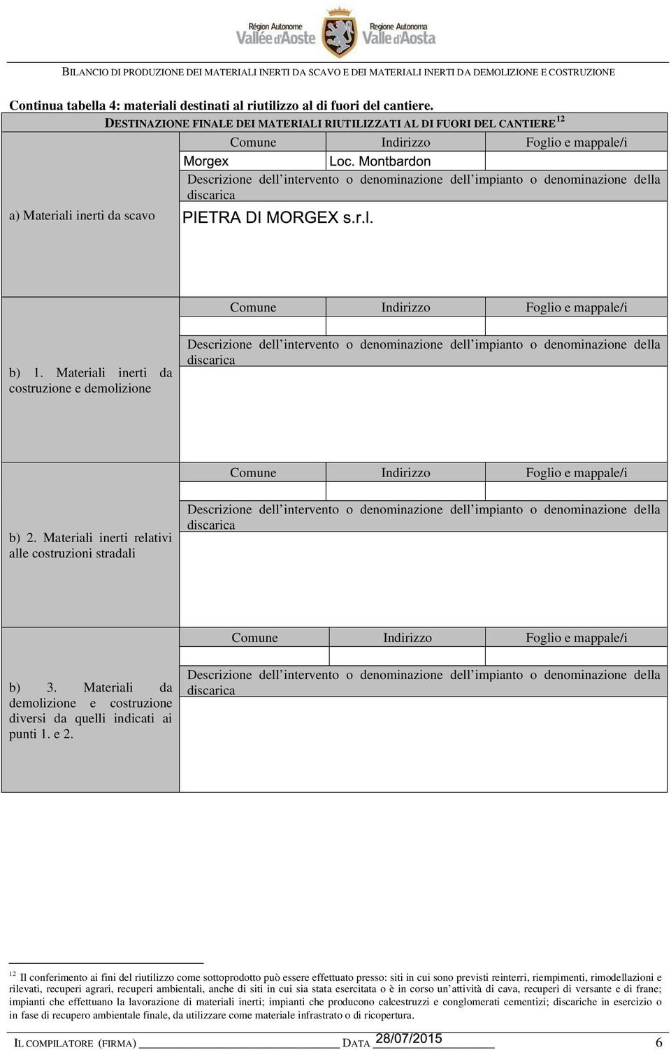 Materiali inerti da Descrizione dell intervento o denominazione dell impianto o denominazione della discarica b) 2.