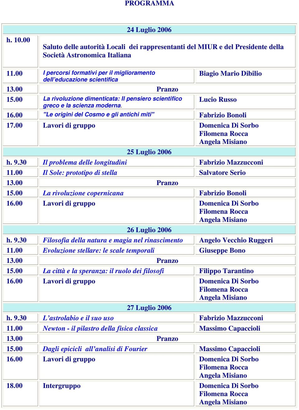 00 "Le origini del Cosmo e gli antichi miti" Fabrizio Bonoli 17.00 Lavori di gruppo Domenica Di Sorbo 25 Luglio 2006 h. 9.30 Il problema delle longitudini Fabrizio Mazzucconi 11.