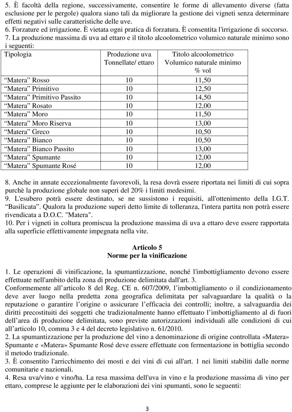 La produzione massima di uva ad ettaro e il titolo alcoolometrico volumico naturale minimo sono i seguenti: Tipologia Produzione uva Tonnellate/ ettaro Titolo alcoolometrico Volumico naturale minimo