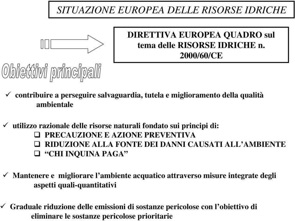 sui principi di: PRECAUZIONE E AZIONE PREVENTIVA RIDUZIONE ALLA FONTE DEI DANNI CAUSATI ALL AMBIENTE CHI INQUINA PAGA Mantenere e migliorare l