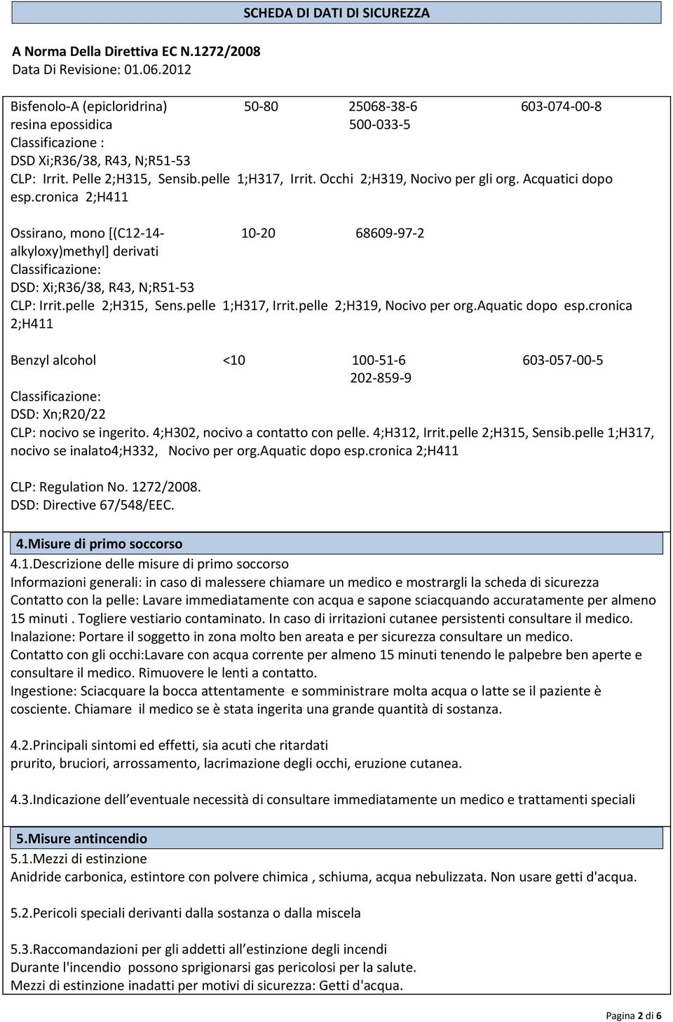 pelle 2;H315, Sens.pelle 1;H317, Irrit.pelle 2;H319, Nocivo per org.aquatic dopo esp.