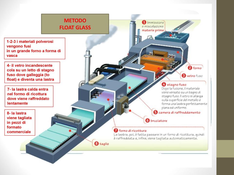 galleggia (to float) e diventa una lastra 7- la lastra calda entra nel formo di