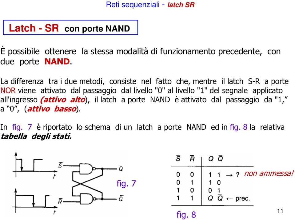 "0" al livello "1" del segnale applicato all'ingresso (attivo alto), il latch a porte NAND è attivato dal passaggio da "1, a 0, (attivo