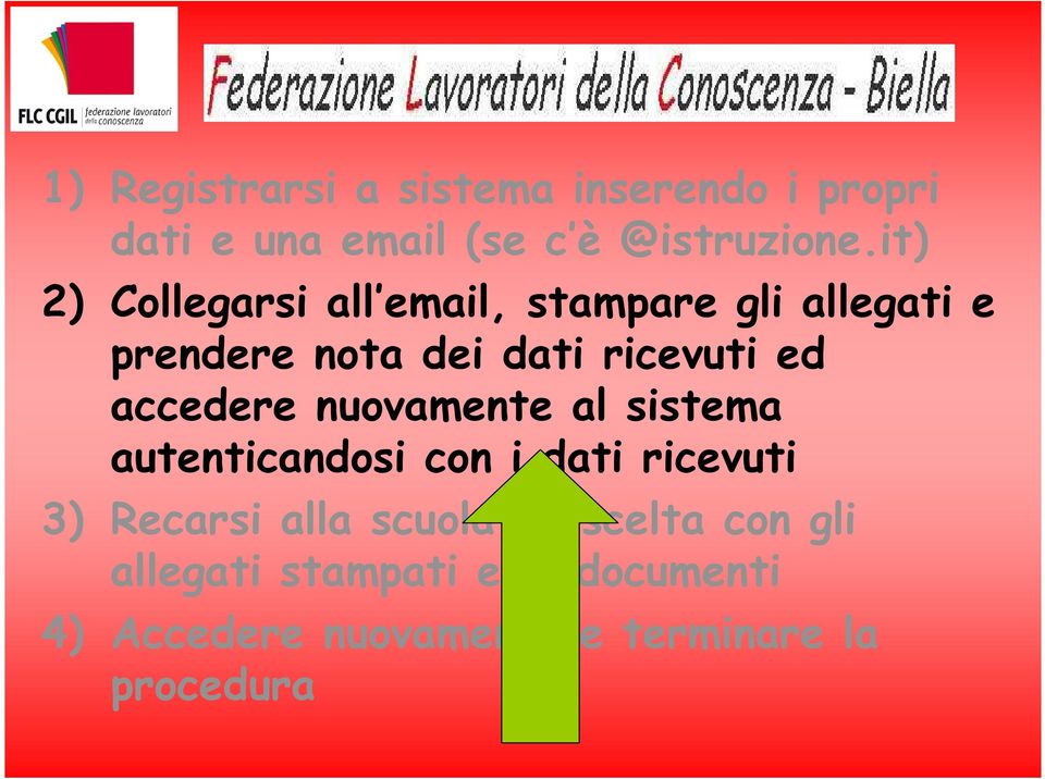 accedere nuovamente al sistema autenticandosi con i dati ricevuti 3) Recarsi alla scuola