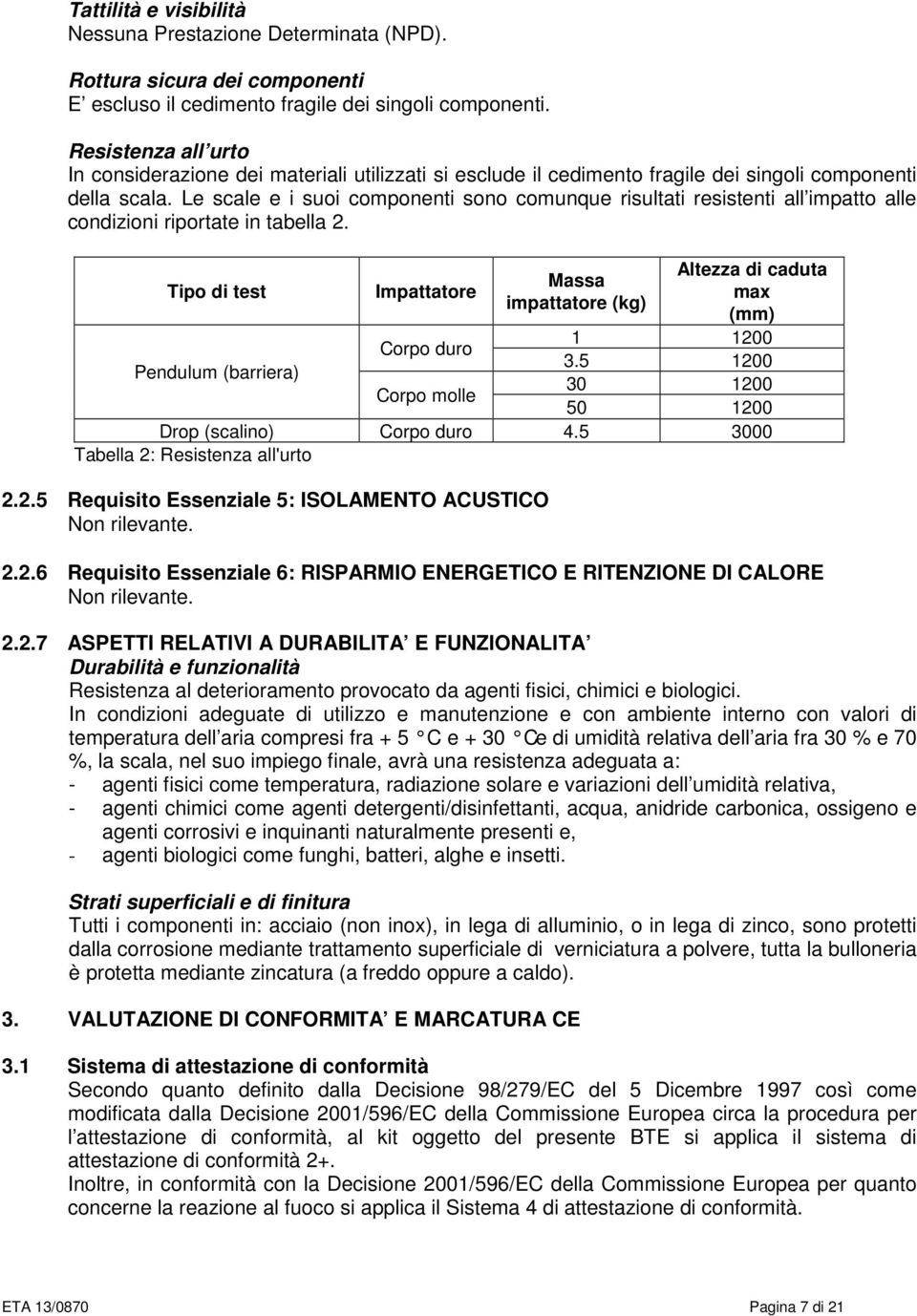 Le scale e i suoi componenti sono comunque risultati resistenti all impatto alle condizioni riportate in tabella 2.