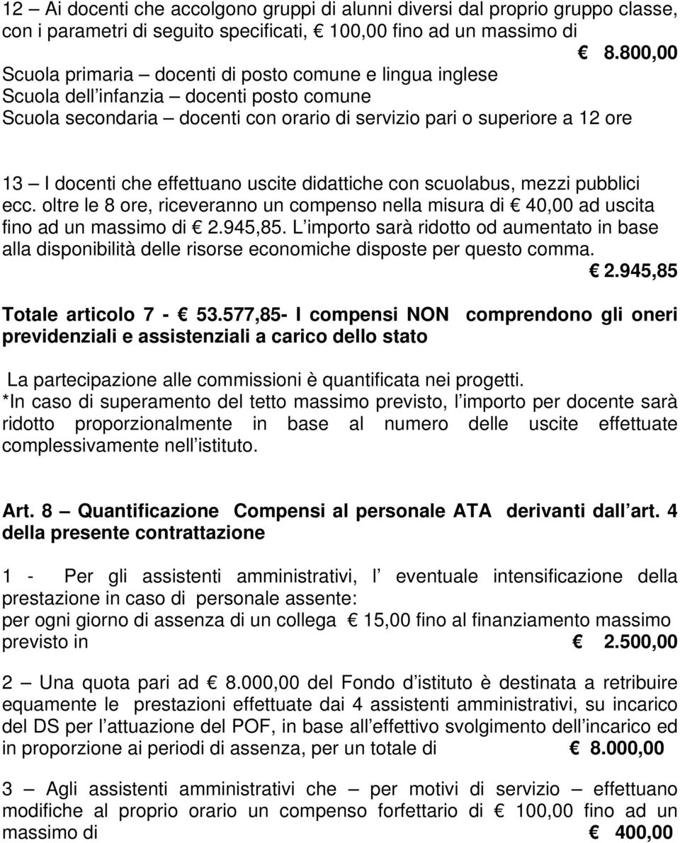 effettuano uscite didattiche con scuolabus, mezzi pubblici ecc. oltre le 8 ore, riceveranno un compenso nella misura di 40,00 ad uscita fino ad un massimo di 2.945,85.