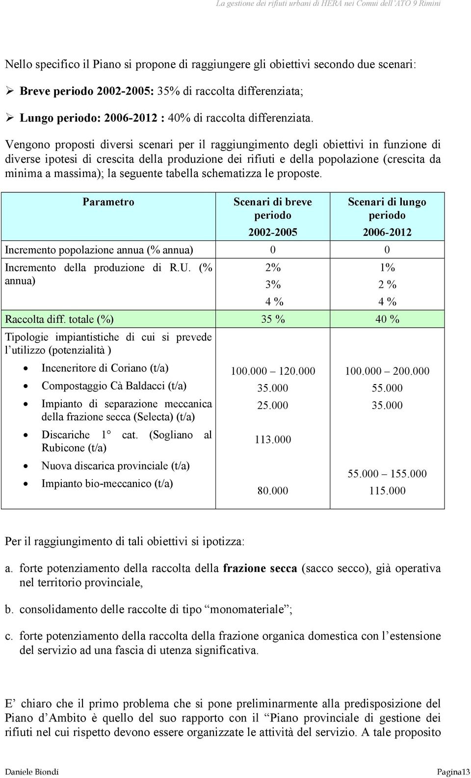 seguente tabella schematizza le proposte. Parametro Scenari di breve periodo 2002-2005 Scenari di lungo periodo 2006-2012 Incremento popolazione annua (% annua) 0 0 Incremento della produzione di R.U.