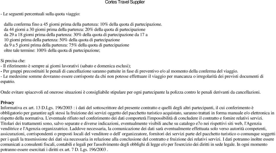 della quota di partecipazione da 9 a 5 giorni prima della partenza: 75% della quota di partecipazione oltre tale termine: 100% della quota di partecipazione; Si precisa che: - Il riferimento è sempre