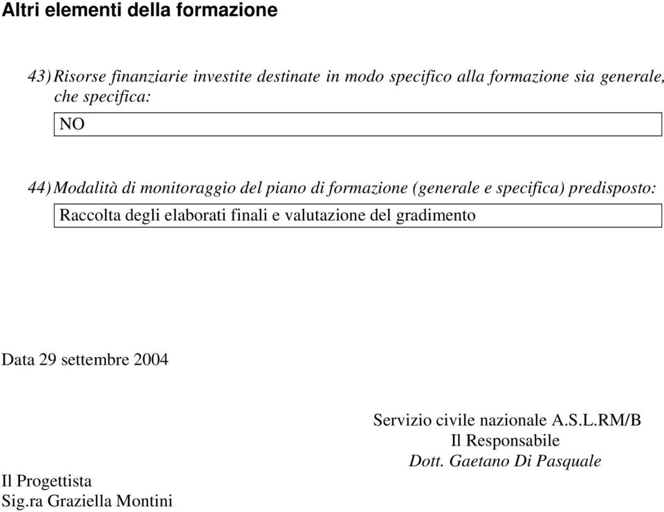 specifica) predisposto: Raccolta degli elaborati finali e valutazione del gradimento Data 29 settembre 2004