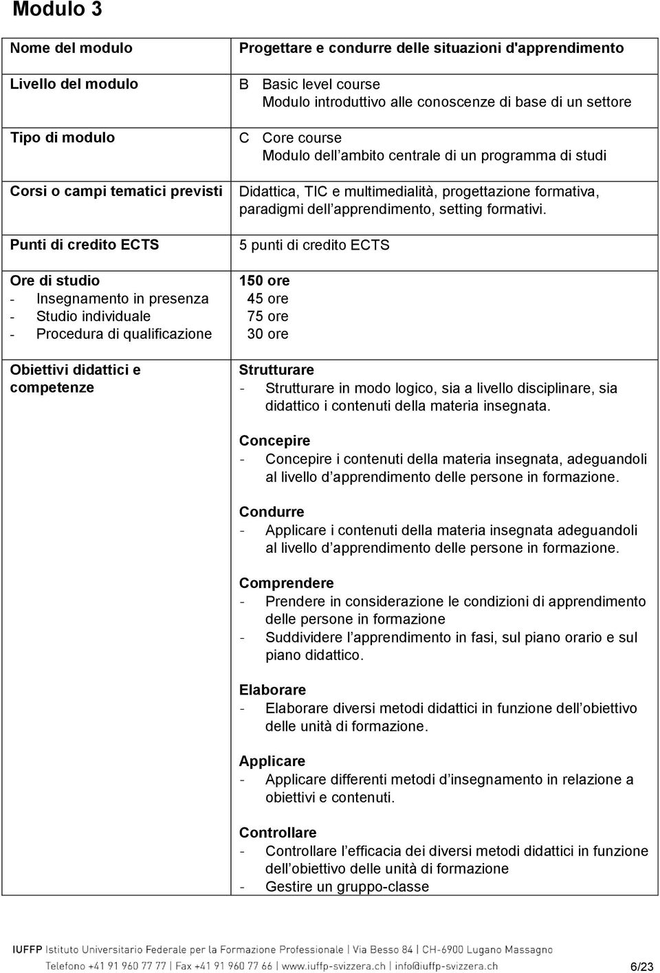 Modulo dell ambito centrale di un programma di studi Didattica, TIC e multimedialità, progettazione formativa, paradigmi dell apprendimento, setting formativi.