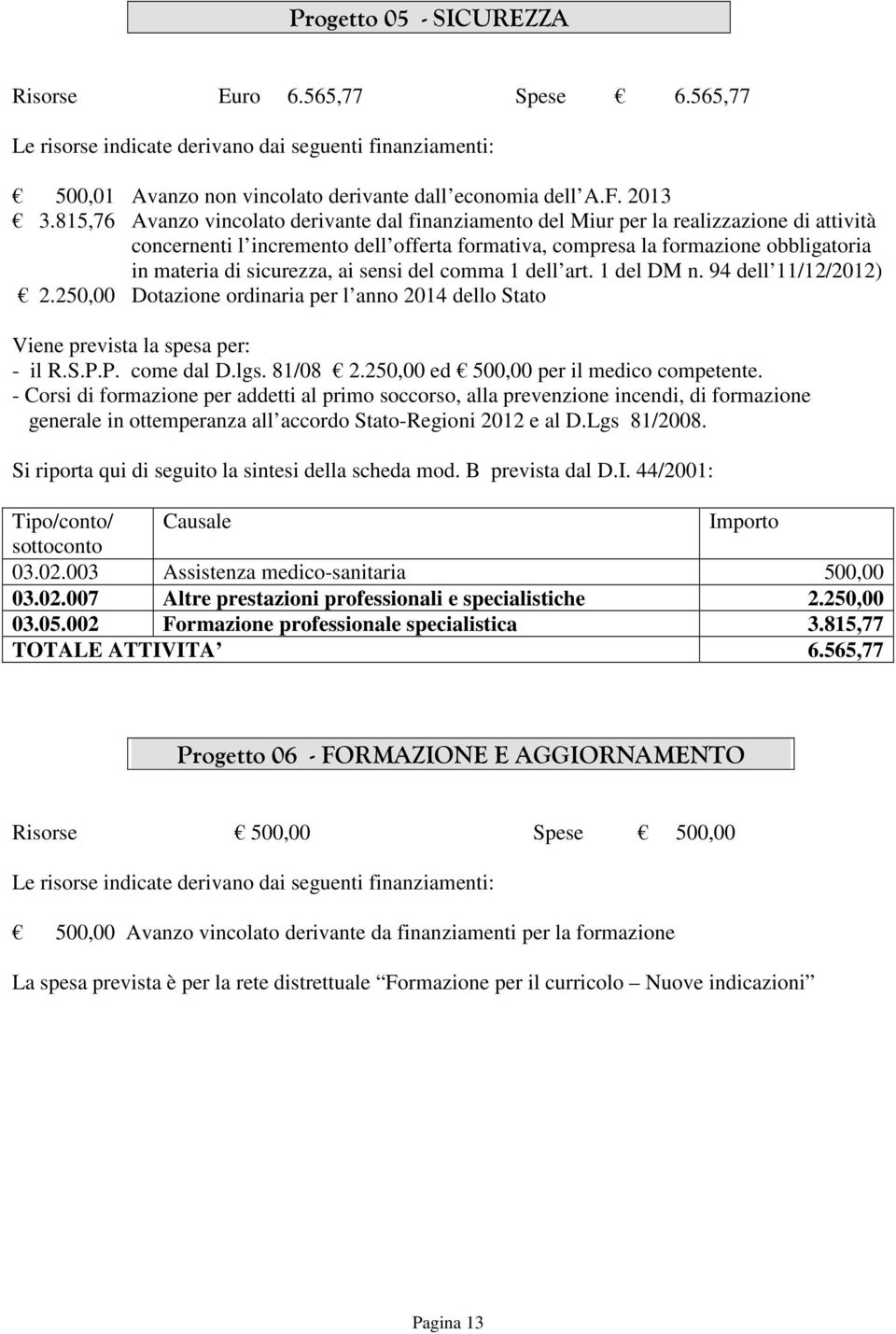 sicurezza, ai sensi del comma 1 dell art. 1 del DM n. 94 dell 11/12/2012) 2.250,00 Dotazione ordinaria per l anno 2014 dello Stato Viene prevista la spesa per: - il R.S.P.P. come dal D.lgs. 81/08 2.