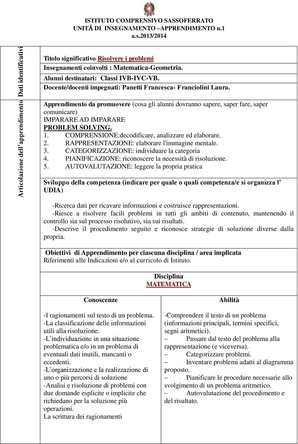 Docente/docenti impegnati: Panetti Francesca- Franciolini Laura. Apprendimento da promuovere (cosa gli alunni dovranno sapere, saper fare, saper comunicare) IMPARARE AD IMPARARE PROBLEM SOLVING. 1.