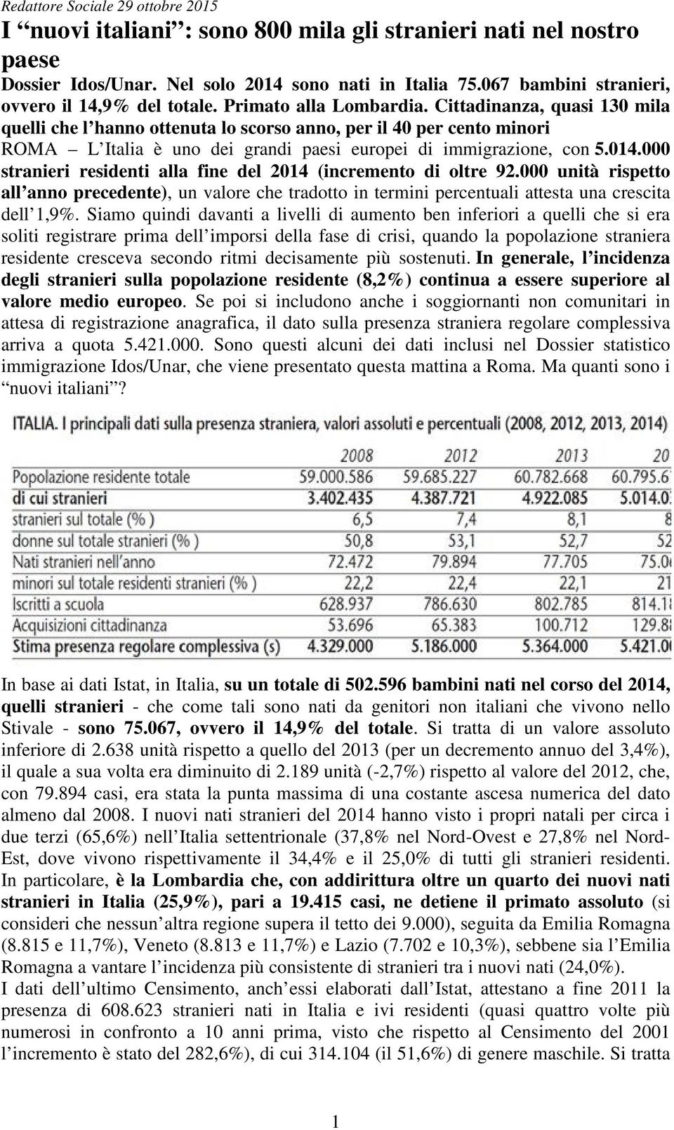 Cittadinanza, quasi 130 mila quelli che l hanno ottenuta lo scorso anno, per il 40 per cento minori ROMA L Italia è uno dei grandi paesi europei di immigrazione, con 5.014.