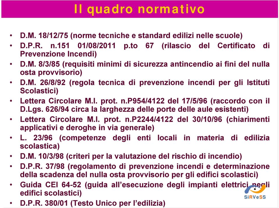 626/94 circa la larghezza delle porte delle aule esistenti) Lettera Circolare M.I. prot. n.p2244/4122 del 30/10/96 (chiarimenti applicativi e deroghe in via generale) L.