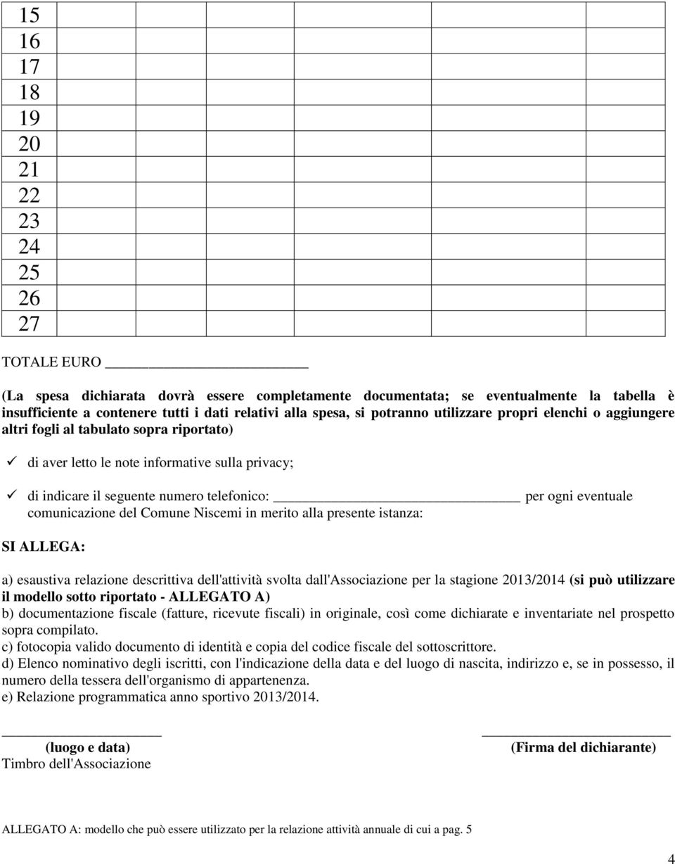 eventuale comunicazione del Comune Niscemi in merito alla presente istanza: SI ALLEGA: a) esaustiva relazione descrittiva dell'attività svolta dall'associazione per la stagione 2013/2014 (si può