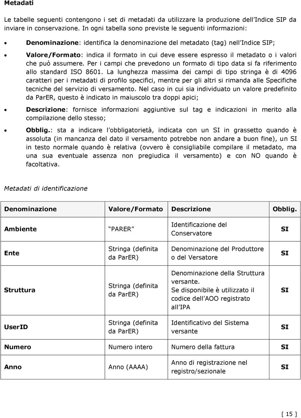 metadato o i valori che può assumere. Per i campi che prevedono un formato di tipo data si fa riferimento allo standard ISO 8601.