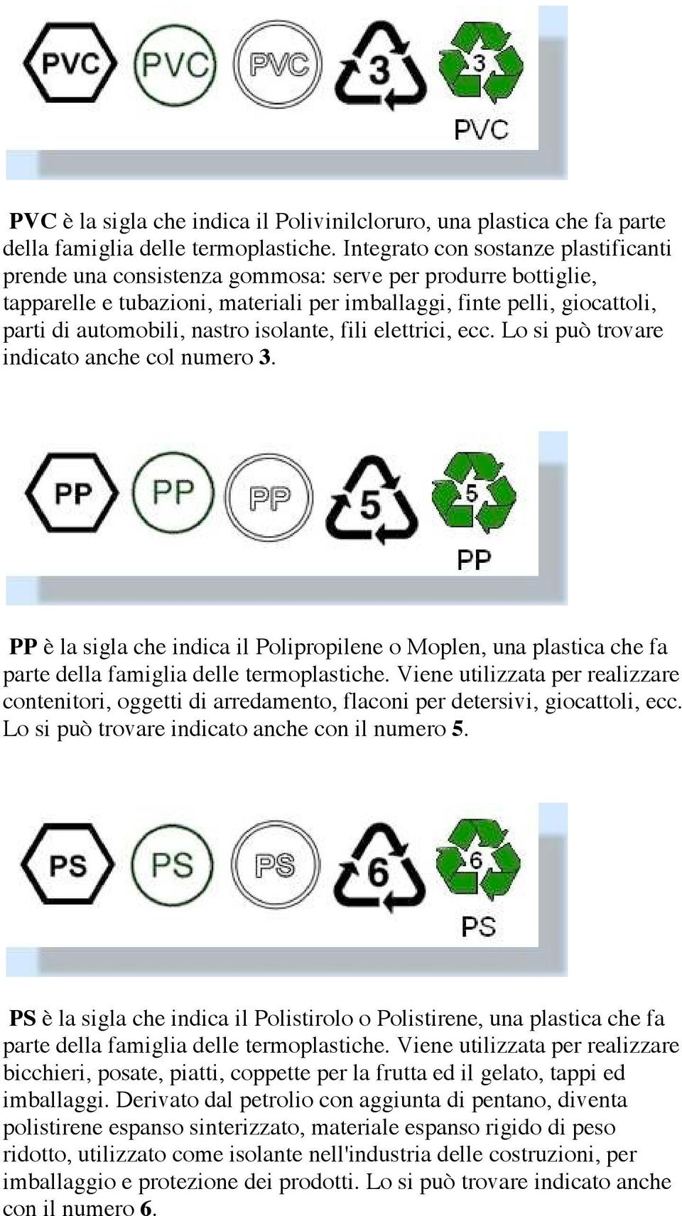 nastro isolante, fili elettrici, ecc. Lo si può trovare indicato anche col numero 3. PP è la sigla che indica il Polipropilene o Moplen, una plastica che fa parte della famiglia delle termoplastiche.