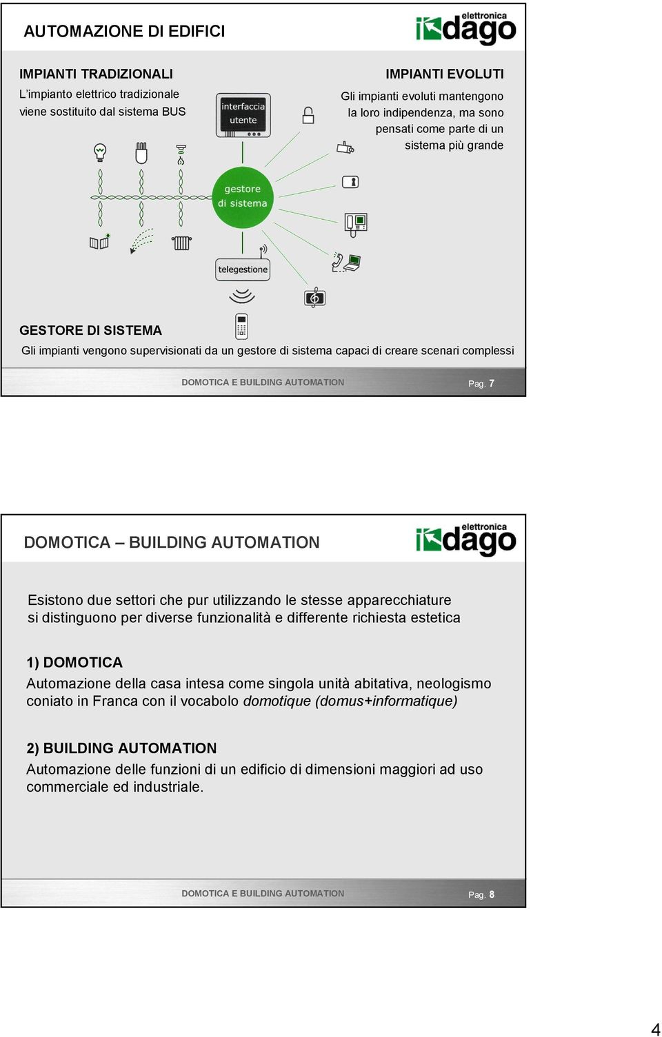 7 DOMOTICA BUILDING AUTOMATION Esistono due settori che pur utilizzando le stesse apparecchiature si distinguono per diverse funzionalità e differente richiesta estetica 1) DOMOTICA Automazione della