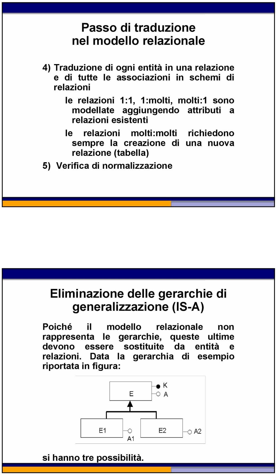 una nuova relazione (tabella) 5) Verifica di normalizzazione Eliminazione delle gerarchie di generalizzazione (IS-A) Poiché il modello relazionale non