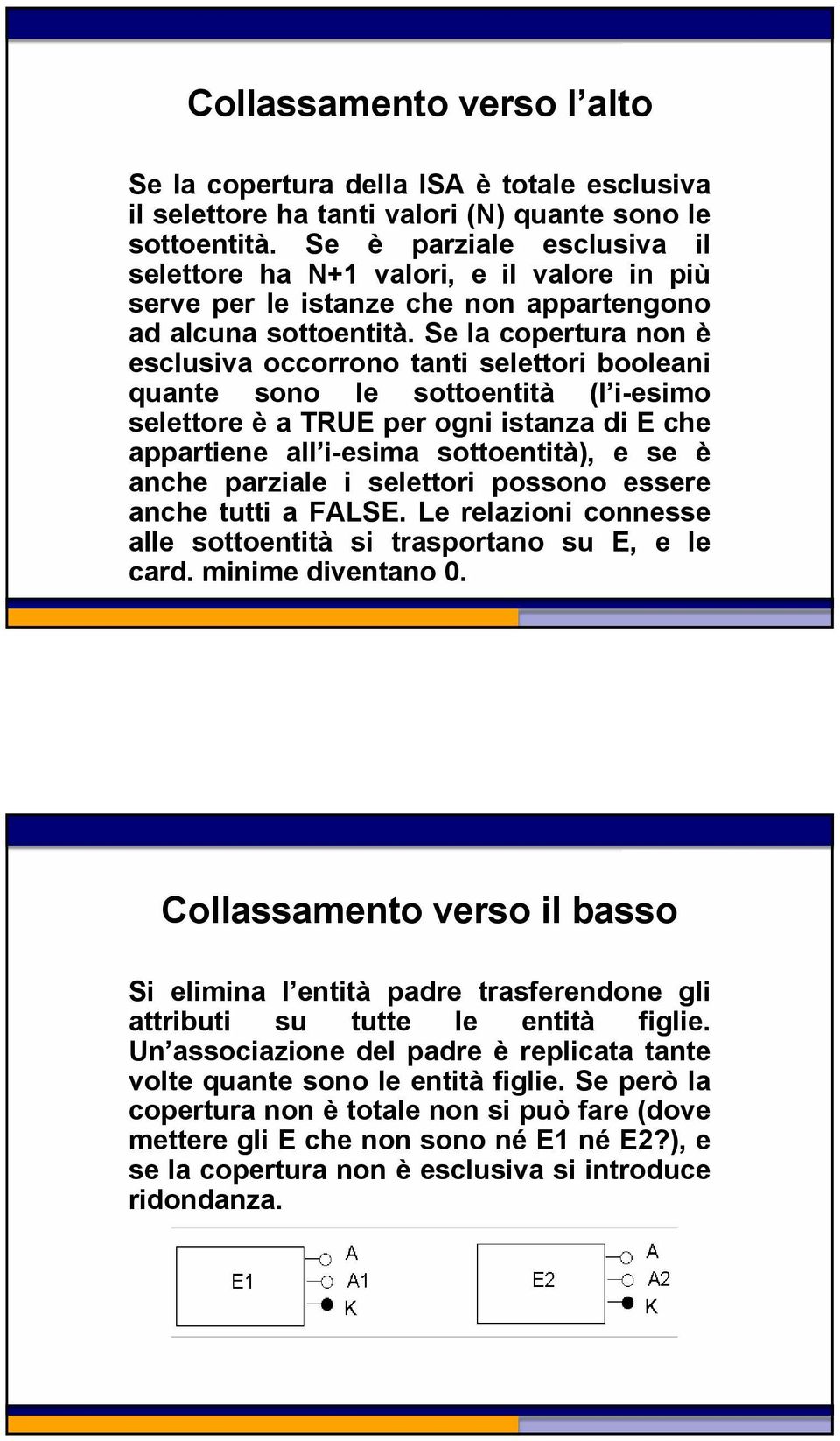 Se la copertura non è esclusiva occorrono tanti selettori booleani quante sono le sottoentità (l i-esimo selettore è a TRUE per ogni istanza di E che appartiene all i-esima sottoentità), e se è anche