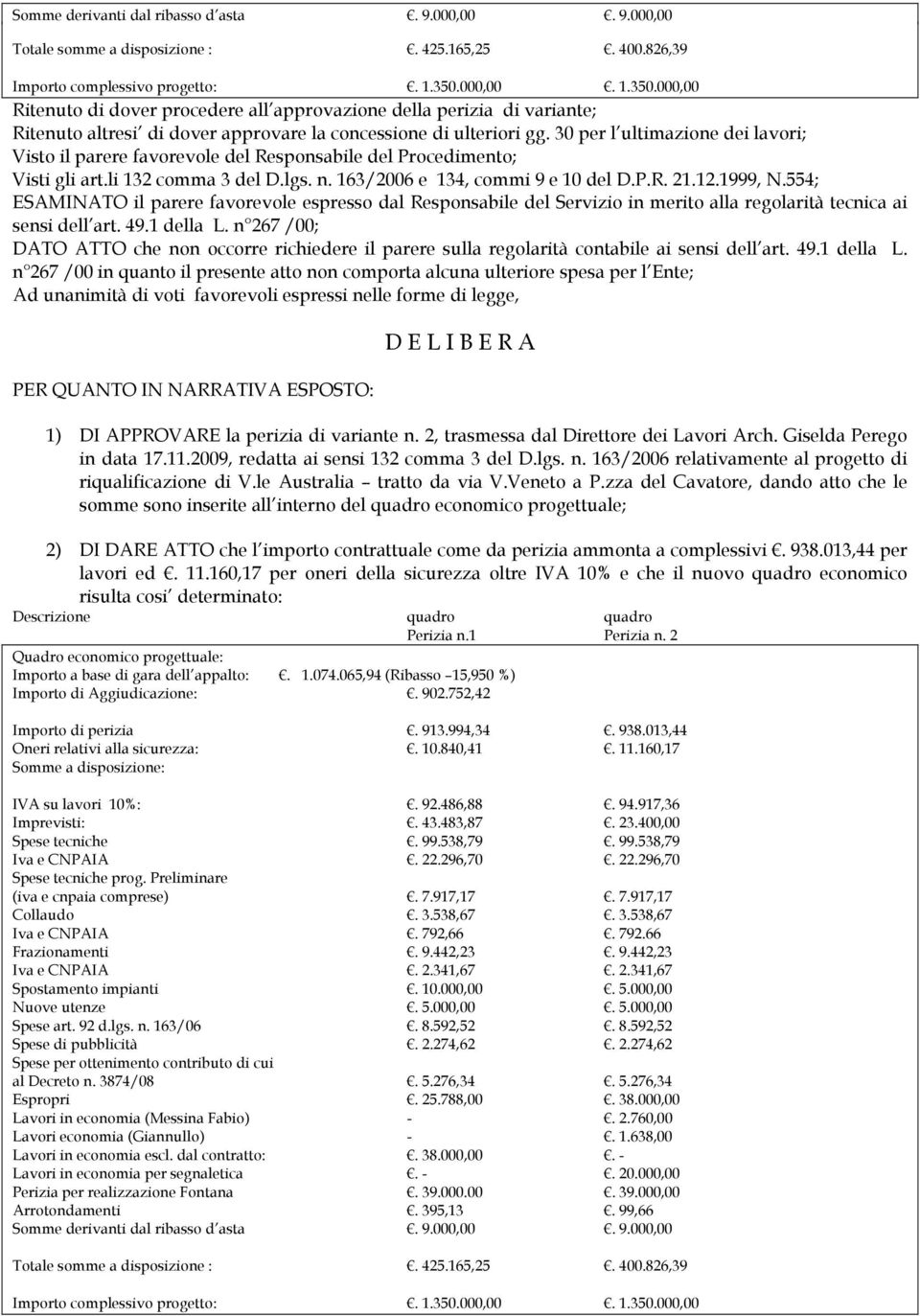 30 per l ultimazione dei lavori; Visto il parere favorevole del Responsabile del Procedimento; Visti gli art.li 132 comma 3 del D.lgs. n. 163/2006 e 134, commi 9 e 10 del D.P.R. 21.12.1999, N.