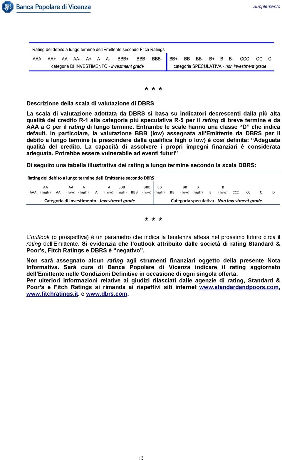 R-1 alla categoria più speculativa R-5 per il rating di breve termine e da AAA a C per il rating di lungo termine. Entrambe le scale hanno una classe D che indica default.